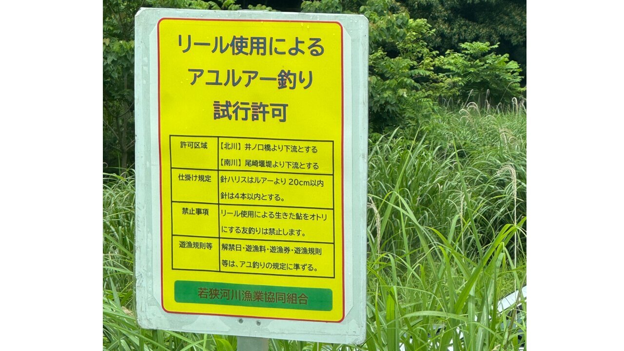 南川のアユルアーについての看板