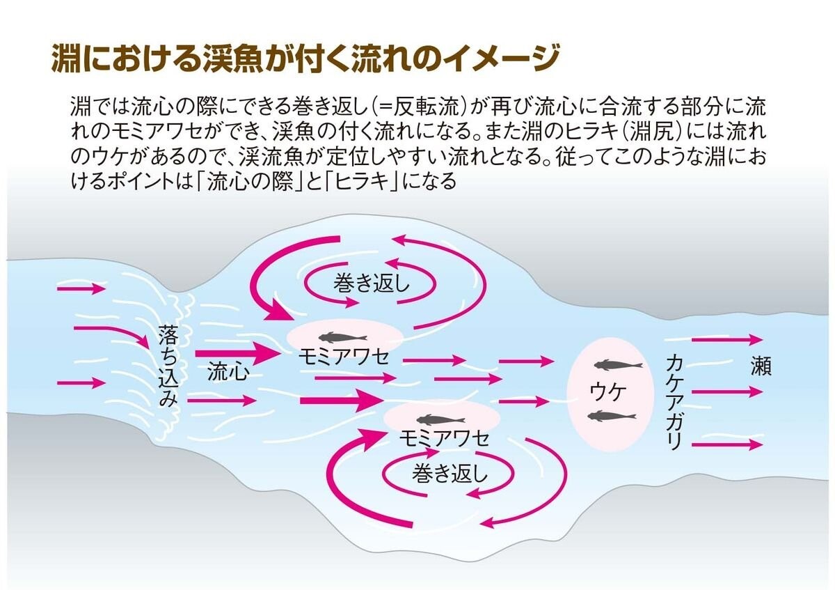 淵における渓魚が付く流れのイメージ図