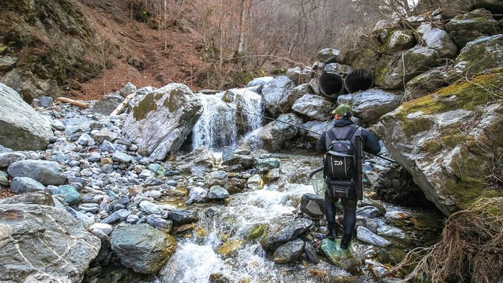豊富な水がしたたる取水堰の上流部。渓流らしい流れに癒される