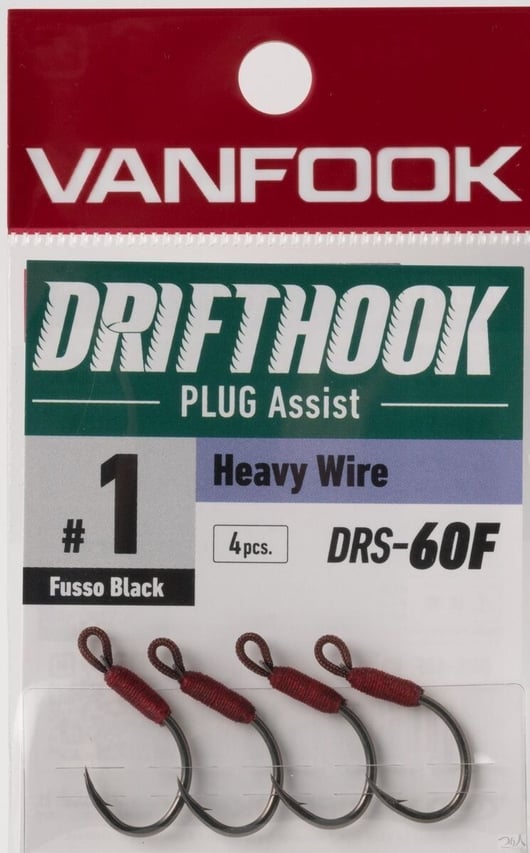 DRS-60Fパッケージ。ドリフトフックシリーズ最強クラスの太軸設計。リリヤンを採用したループアイが魚の首振りやローリングに追従し、バラシを抑制する