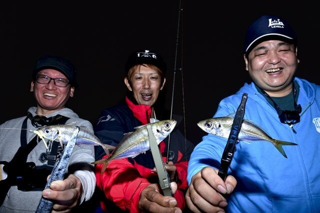 この日は15㎝前後の小アジは数釣れたものの25㎝級は数尾に終わった。タイミングが合えばアベレージ25㎝の数釣りが堪能できる。尺をねらうならカタクチイワシが入ってくる３月が有望。名古屋港で何ともアツい情報だ