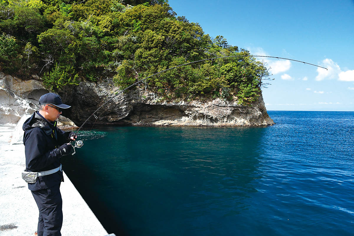 サオを曲げてテンションが抜けないように寄せる