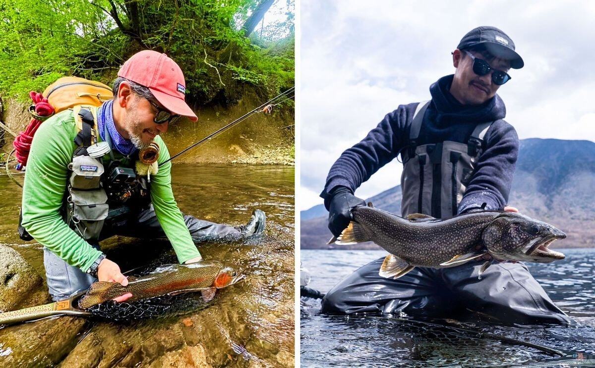 魚を持つ米澤ユウジさん（左）とショータ・ジェンキンスさん（右）