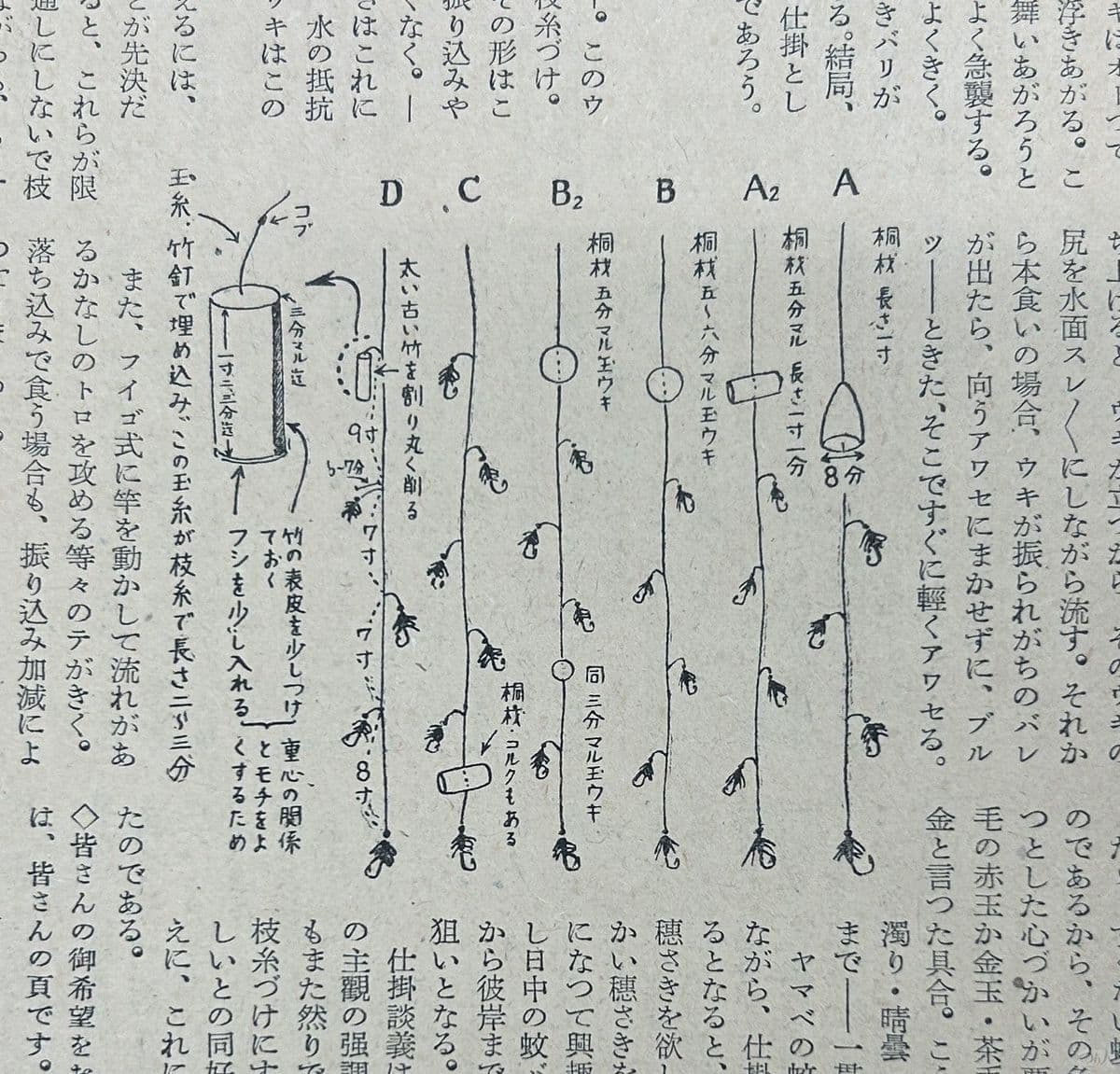 1952年5月号、今村逸三氏による蚊バリ仕掛け6パターンの詳しい使い分け記事。これは同年3月号に掲載された同氏の基本解説記事に対して、より詳しく知りたいという読者からのリクエストで執筆されたもの