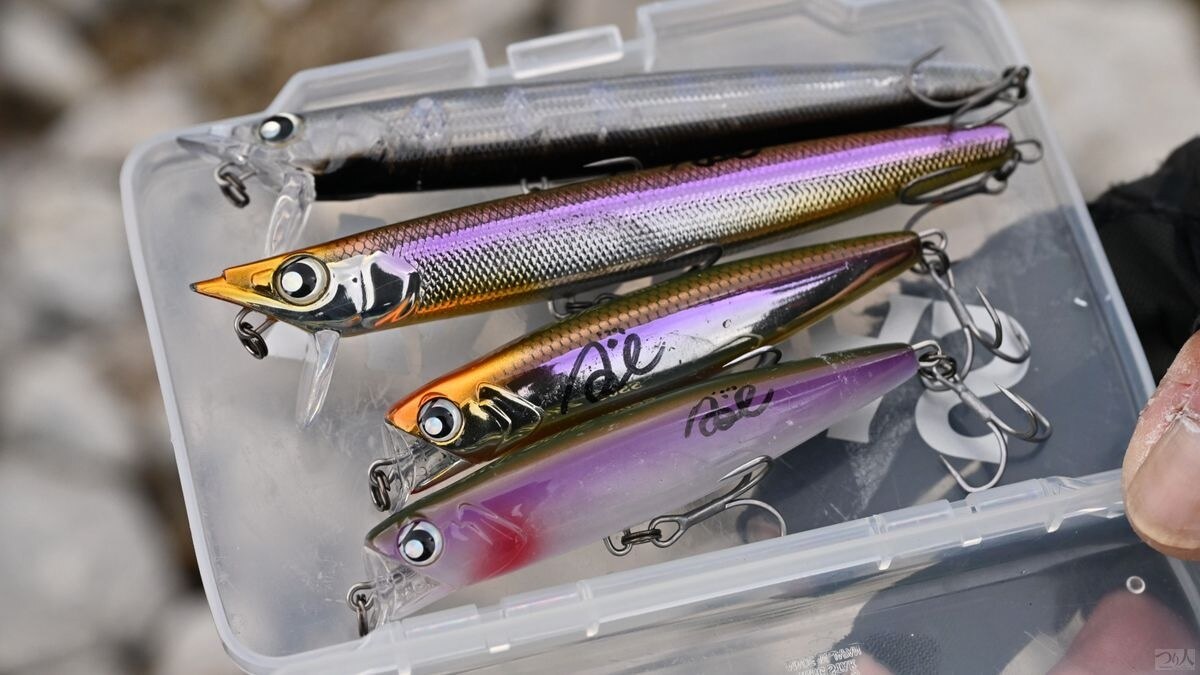 プラグの釣りで阿部さんが使うのは、強波動でアピールするM.T.ボルツ（上）と、I字系で食わせるためのM.T.バンズ（下）