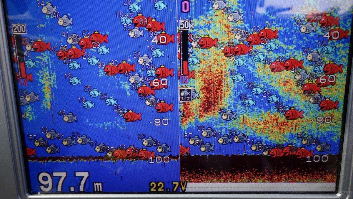 外海のディープタイラバでの魚探反応。群れが濃く、よく当たった一日