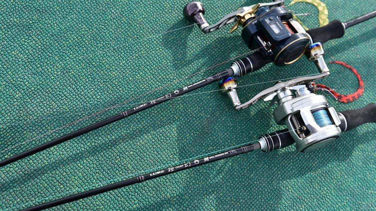 ベイトロッドはラグゼ桜幻鯛ラバーRのB60M-solid.FとB66ML-solid.Fの２本を使用。いずれも張りは強めでディープでの操作性に優れる