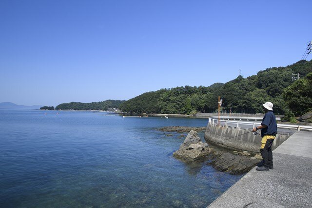 道路沿いの岸壁と、その先に広がる岩混じりのシャロー